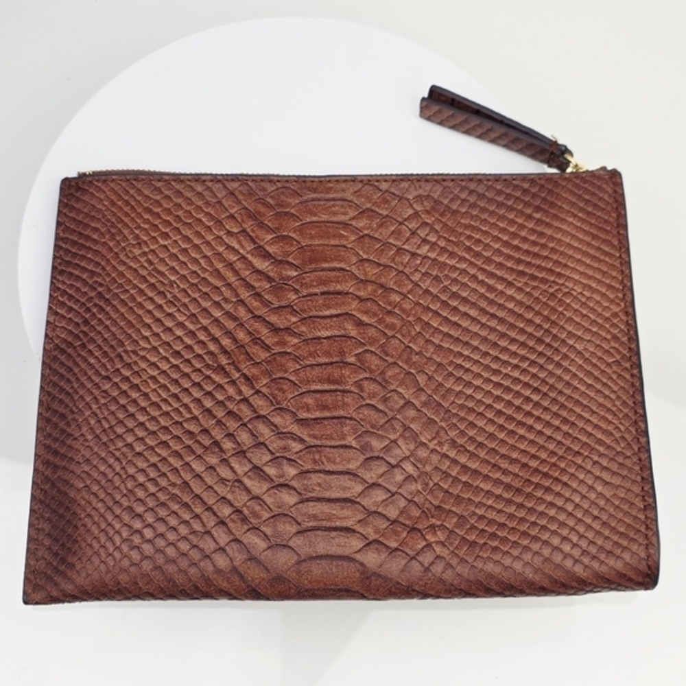 Snakeskin Embossed Clutch OS Brown Faux Leather Zipper Pouch Exotic